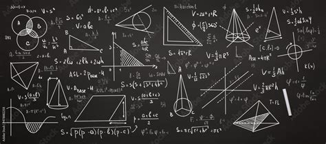 math background, geometric equations, formulas and graphs written in chalk on a blackboard Stock ...