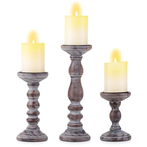 Buy Inweder Wooden Candle Holders Pillar - Set of 3 Wood Candlestick ...