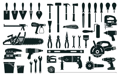 Construction tools, home repair or renovation instruments silhouette. Hammer, screwdriver, drill ...