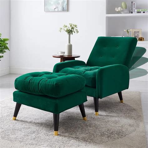 Scandinavian Green Velvet Chaise Lounge Chair with Ottoman & Adjustable Back - Living Room ...