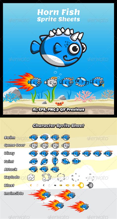 Game Character - Horn Fish Sprite Sheets | GraphicRiver