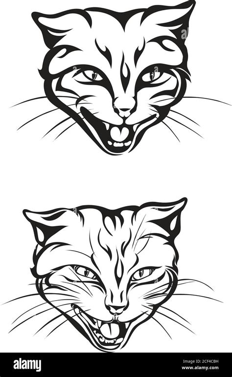 Cat, head, grin, teeth, muzzle, vector, illustration, set, white, black, isolated, simple, icon ...