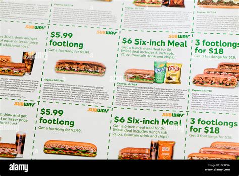 Subway sandwich coupons (fast food coupon) - USA Stock Photo - Alamy