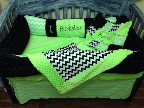 Items similar to Custom baby bedding, Neon green chevron and black, oilfield themed bedding on Etsy