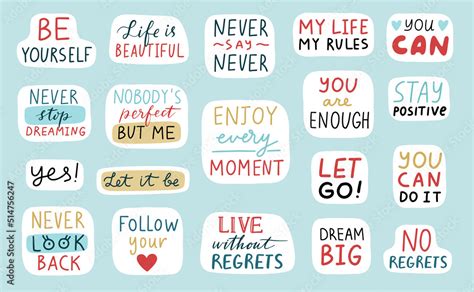 Motivational stickers set. Cute positive badges, lettering, doodle quotes, stickers. vector ...