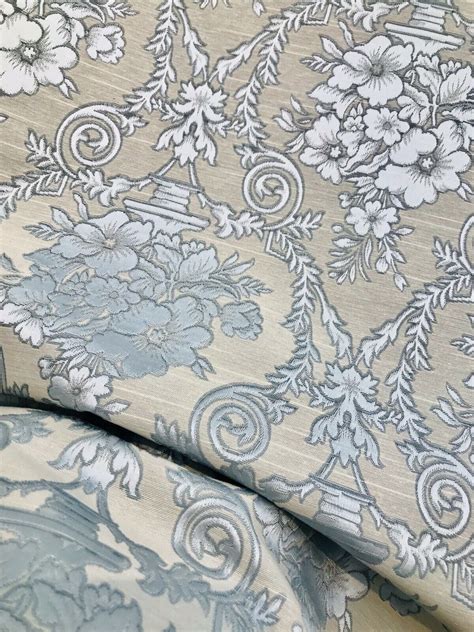 NEW! Lady Valerie Designer Brocade Satin Fabric - Blue Neoclassical Floral Upholstery Damask ...