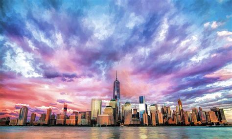 New York City Skyline Sunset Painting by Christopher Arndt - Pixels