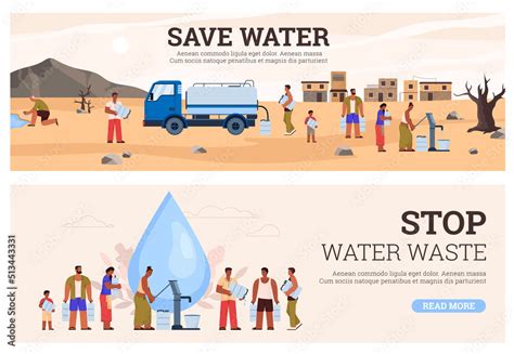 Water waste and scarcity posters set, flat vector illustration. Stock ...