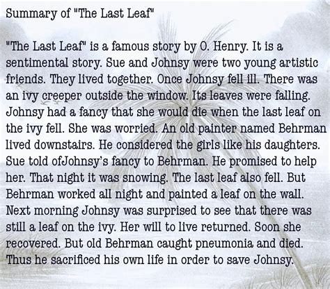 Question Answers and Summary of The Last Leaf by O. Henry - Smart eNotes