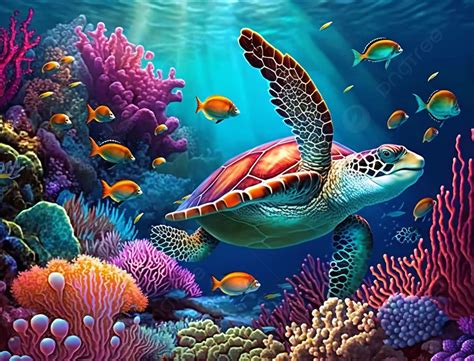 Coral Reef Sea Turtle Marine Life Beautiful Ocean Background, Ocean, Sea Turtle, Animal ...