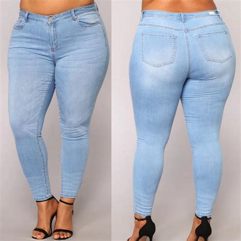 PLUS SIZE Jeans Women High Waist skinny Pencil Blue Denim Pants women stretchy stretch elastic ...