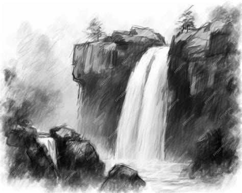 Premium AI Image | A black and white drawing of a waterfall with the words " waterfall " on it.