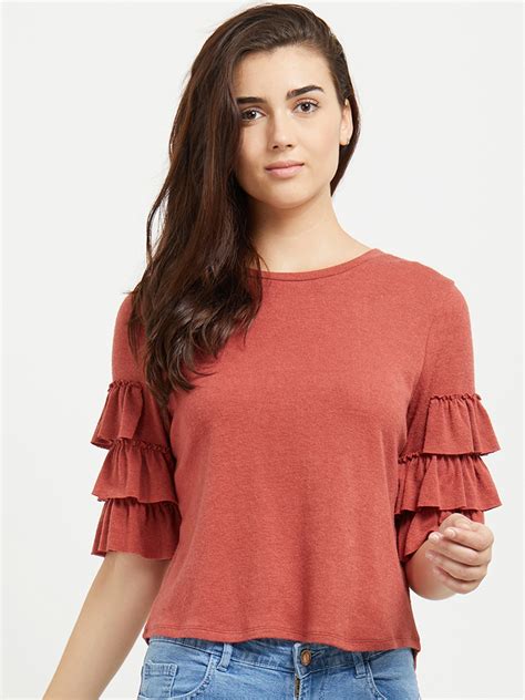 Buy 109F Women Rust Red Solid Top With Frill Layer Sleeves - Tops for Women 7618003 | Myntra