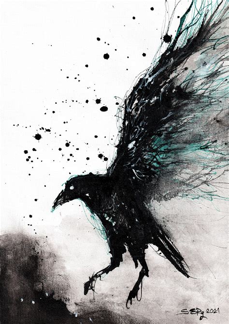 Art & Collectibles Watercolor abstract flying raven with cyan/turquoise accents Original ink ...