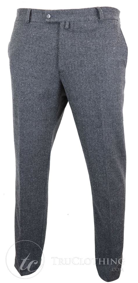 Mens Grey Charcoal Tweed Herringbone Wool Trousers - Charcoal: Buy ...