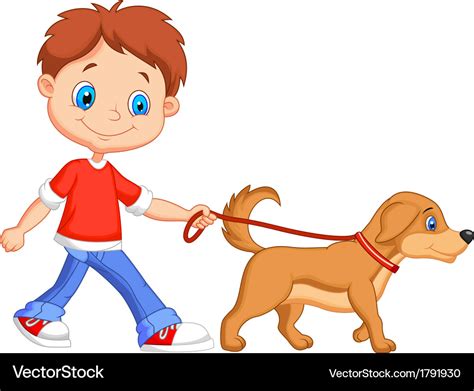 Cute cartoon boy walking with dog Royalty Free Vector Image