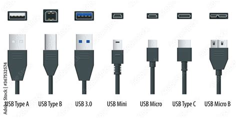 Flat black usb types port plug in cables set with realistic connectors ...