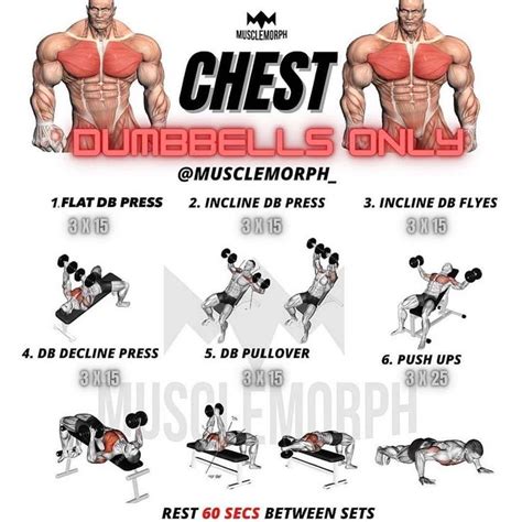 the chest dumbbells only workout guide is shown in red and black, with ...