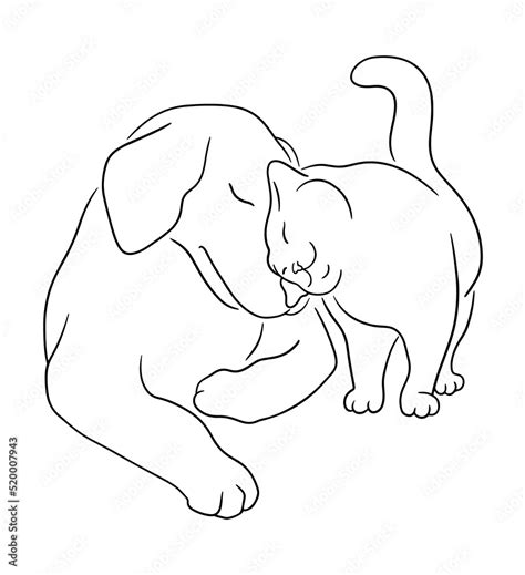 Cat and dog cuddle. Cat rubs against a dog. Line art sketch of kitten and dog. Pets friendly ...