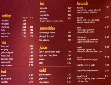 Menu at Kilimanjaro cafe, Edinburgh