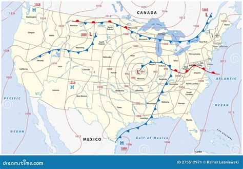 Fictional Map of North America with Isobars and Weather Fronts. Meteorological Forecast Stock ...