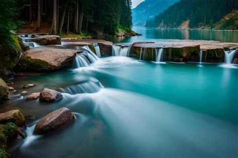 Premium Photo | A waterfall in the forest with a mountain backdrop.