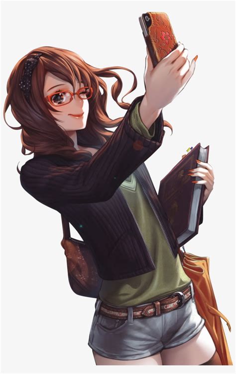 Brown Hair Anime Girl Glasses Phone Render Png By Seikiyukine - Anime Girl With Brown Curly Hair ...