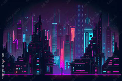 Cyberpunk neon city night. Futuristic city scene in a style of pixel art. 80's wallpaper. Retro ...