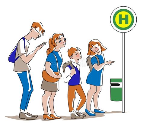 People Waiting for the Bus at Bus Stop in the City in Flat Design Stock Illustration ...