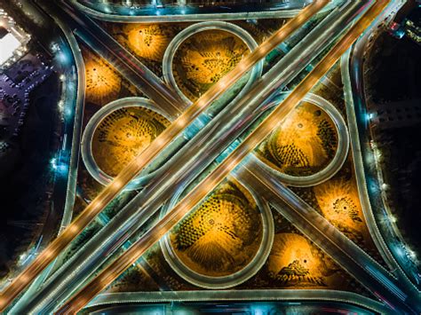 Aerial View Of City Overpass At Night Stock Photo - Download Image Now - Lighting Equipment ...