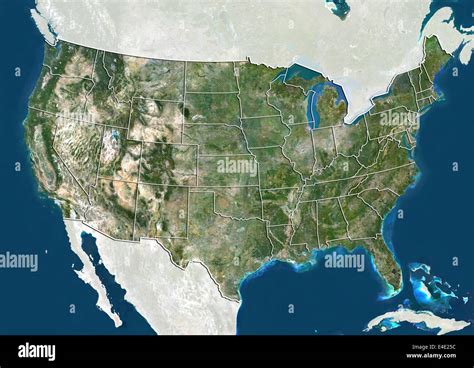 United States, True Colour Satellite Image With State Boundaries Stock ...