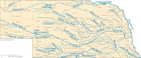 Map of Nebraska Lakes, Streams and Rivers