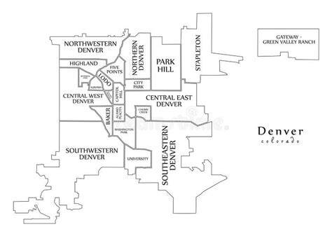 Modern City Map - Denver Colorado City of the USA with Neighborhoods and Titles Stock Vector ...