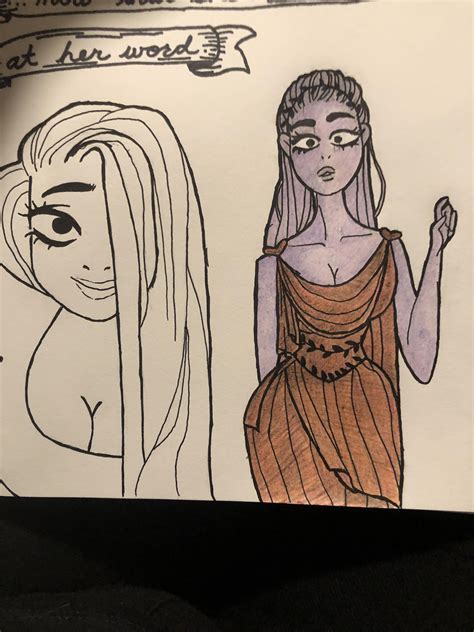 Lore Olympus character, Aphrodite, in ballpoint pen and colored pencils, 2019. (Characters shown ...