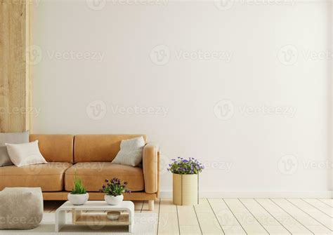 White wall interior living room have orange leather sofa and decoration minimal. 24200045 Stock ...