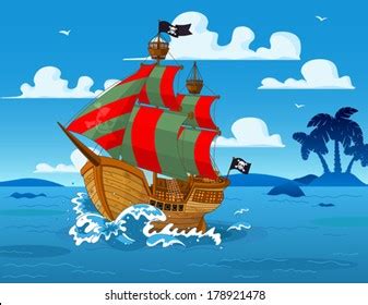 Pirate Ship Sails Seas Stock Vector (Royalty Free) 178921478 | Shutterstock