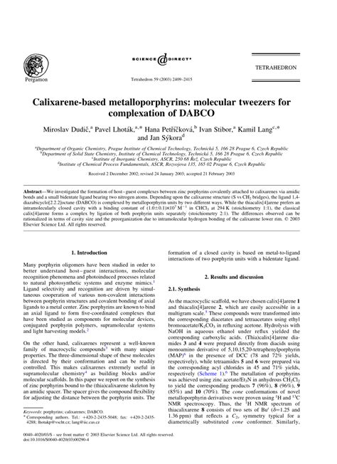 (PDF) Calixarene-based metalloporphyrins: Molecular tweezers for complexation of DABCO