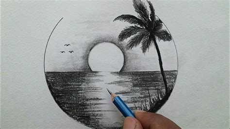 Easy Sunset Pencil Sketch - Very easy sunset scenery drawing step by ...