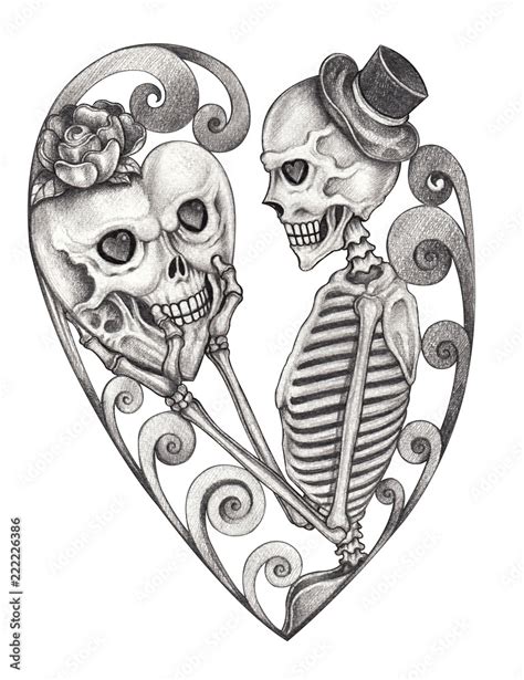 Art Surreal in love Skulls. Hand pencil drawing on paper. Stock Illustration | Adobe Stock