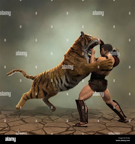 3D Illustration of a Gladiator fighting with a tiger Stock Photo - Alamy