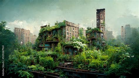 Concept art illustration of abandoned postapocalyptic city overgrown with lush vegetation Stock ...