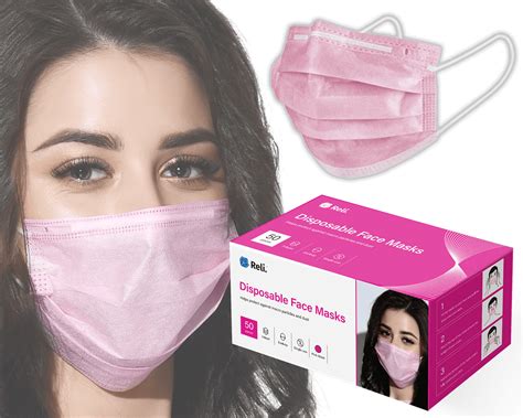 Reli. Pink Face Masks (50 Masks) Disposable Pink Mask - 3-PLY Protection with Filter Layer ...