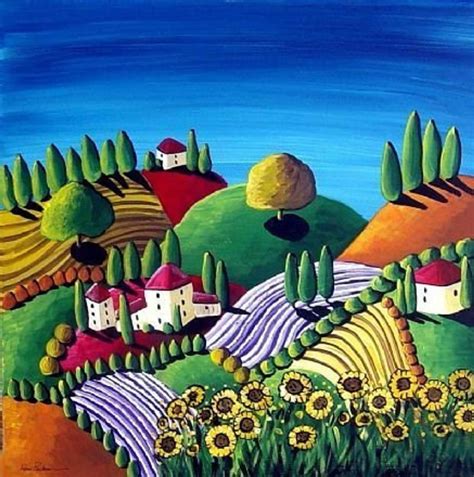 Tuscan Landscape Sunflowers Whimsical Colorful Folk Art Giclee - Etsy | Folk art painting, Art ...