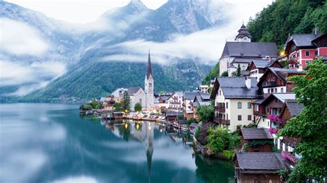 lake, mountains, village, hallstatt, austria, 4k HD Wallpaper