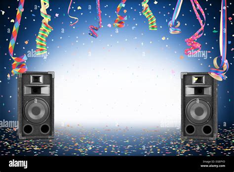 Party background with confetti, streamer and speakers Stock Photo - Alamy