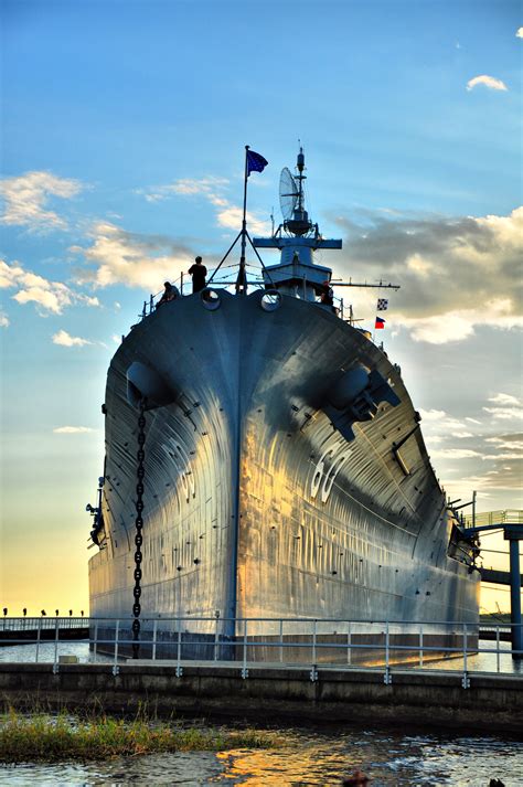 A bow view of South Dakota-class battleship USS Alabama (BB-60), now a ...