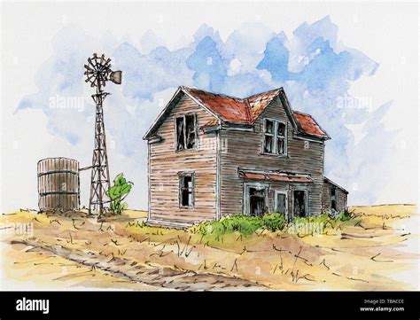 Abandoned house somewhere in USA. Loose sketch. Ink and watercolor on cardboard Stock Photo - Alamy