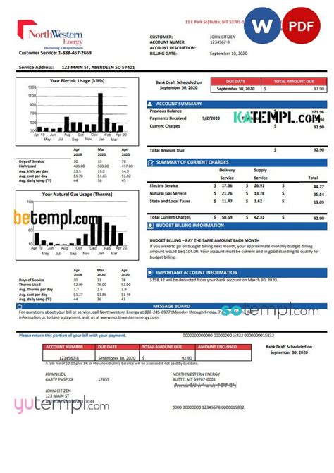 USA NorthWestern Energy utility bill template in Word and PDF format ...