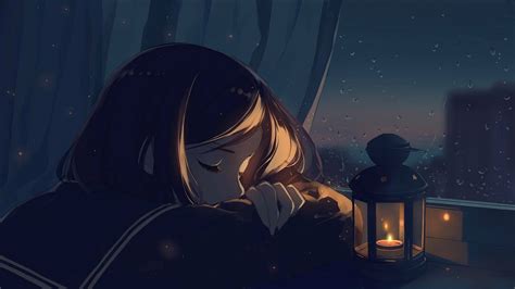 Download Anime Girl Sad Alone Sleeping With Lantern Wallpaper | Wallpapers.com