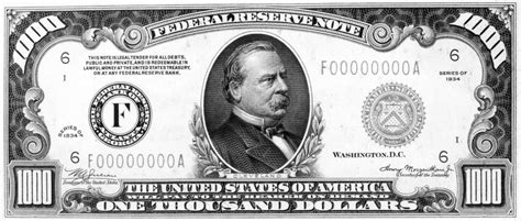 1000 Dollar Bill Npresident Grover Cleveland On The Front Of A US One Thousand Dollar Note 1934 ...